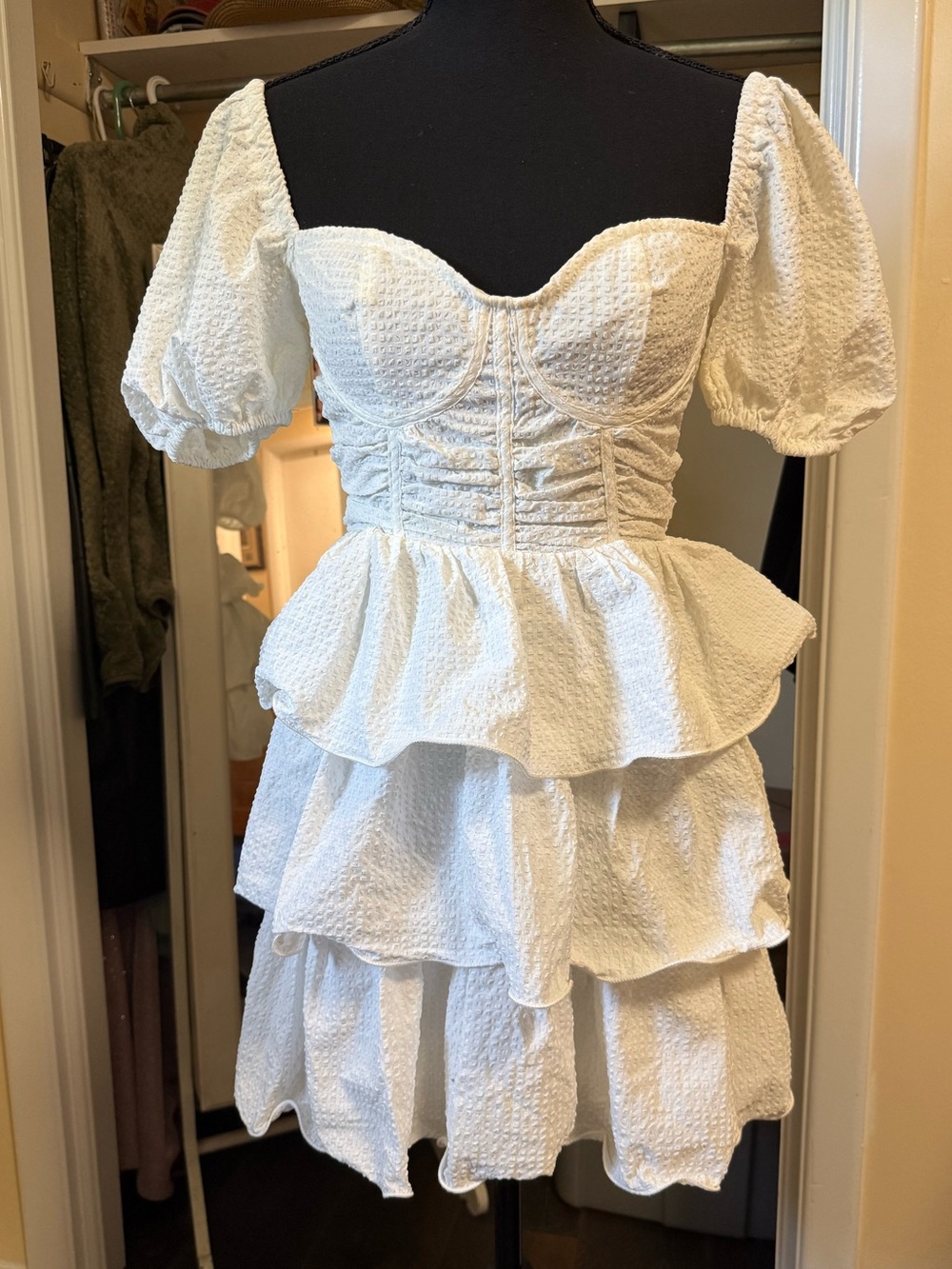PrettyLittleThing White Puff Sleeve Ruffled Mini Dress